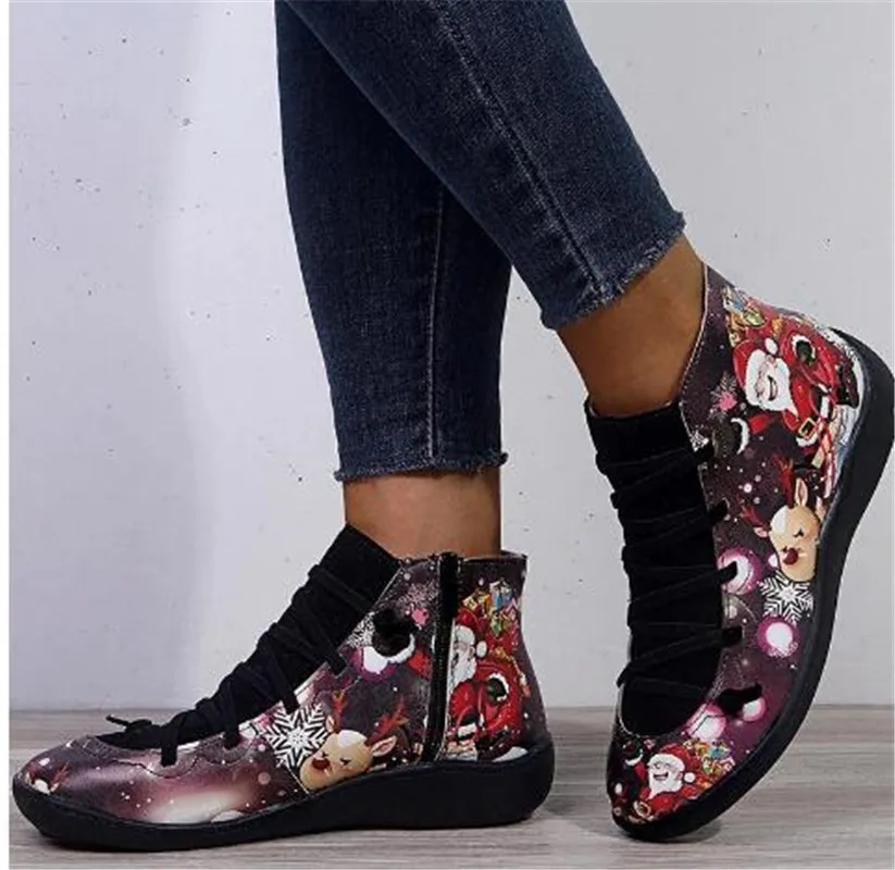 Women Boots Platform Luxurys Designers Shoes Fashion 3D Christmas Pattern Round Toe Lace Up & Zipper Flat Winter Snow Ankle Boots 2020 New