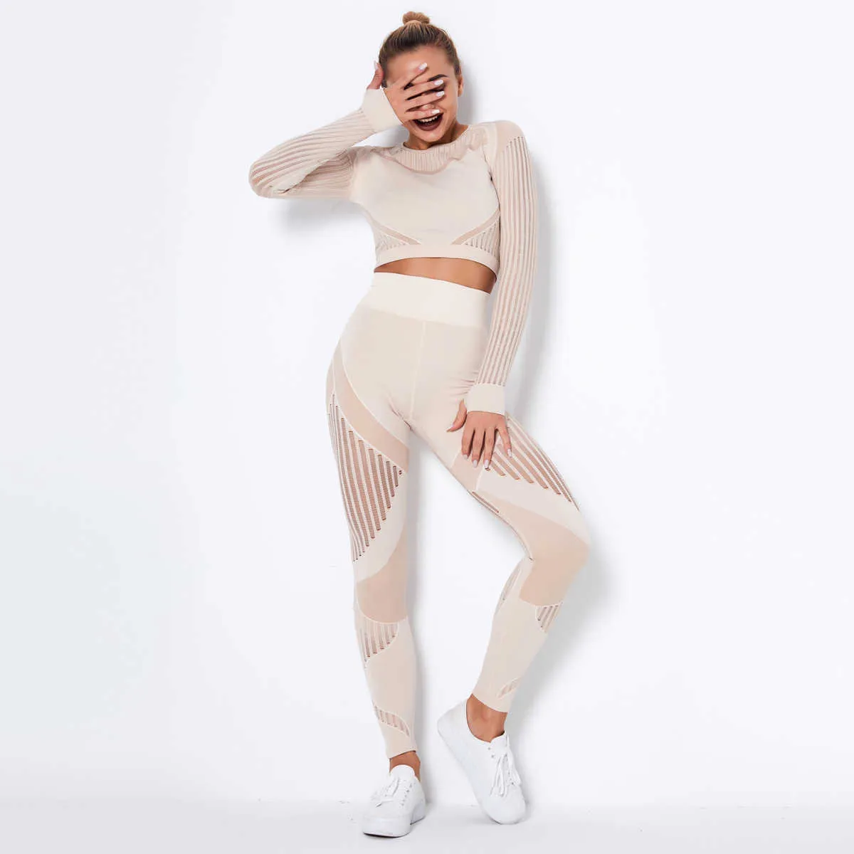Mesh Sport Outfit för Kvinna 2021 Långärmad Crop Top Leggings Suit för Fitnseamlsportswear Gym Clothing Workout Set XS X0629