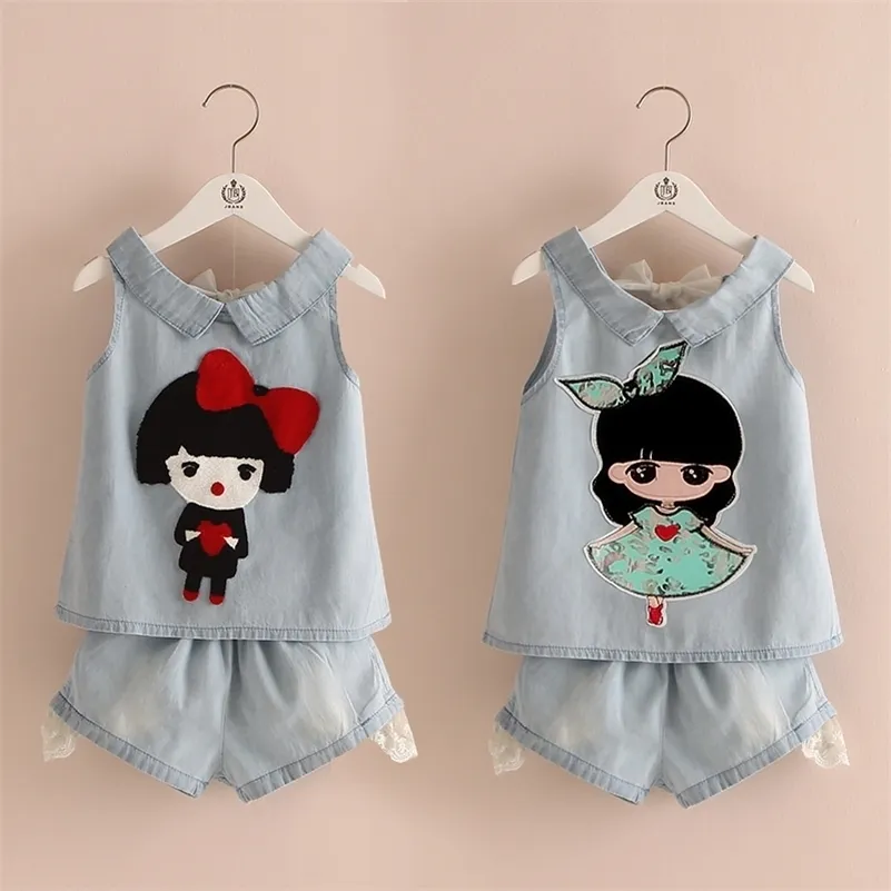 Girls Clothes Summer Casual 2-10T Years Old Kids Embroidery Cartoon Girl T Shirt+Shorts 2 Piece Lace Denim Blue Suit Set 210701