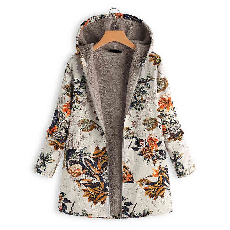 Autumn Winter Women Warm Coats Vintage Plus Size Floral Hooded Jacket Flower Print Hoody Long Sleeve Zipper Padded Parkas 211130