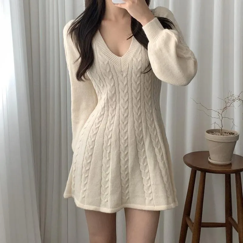 Casual Dresses Autumn Winter Vintage Sexy Twist Slim Waist Knitted Mini Dress One-Piece Women Fashion Long Sleeve Sweaters Vestido