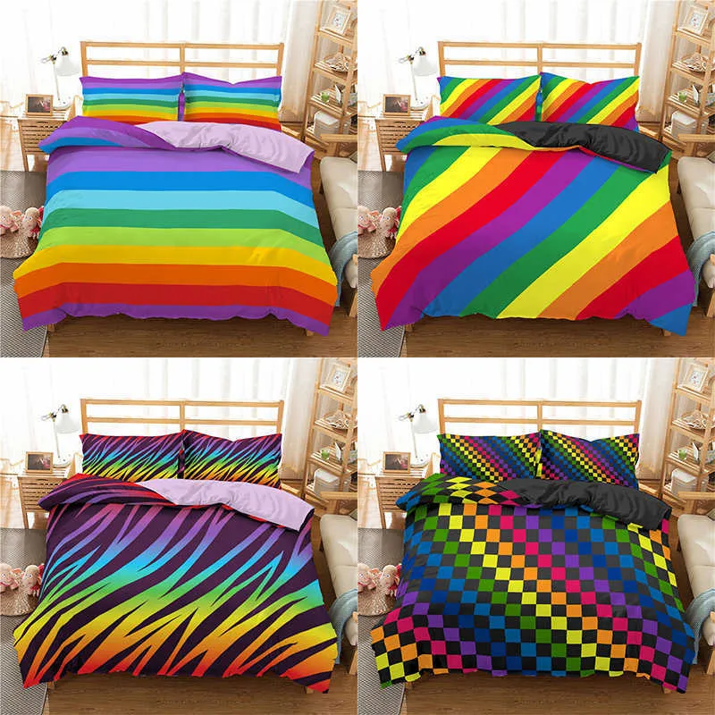 Homesky Rainbow Printing Bedding Set Colorful Stripe Comforter Bed Cover Twin King Queen Size Bedclothes 210615