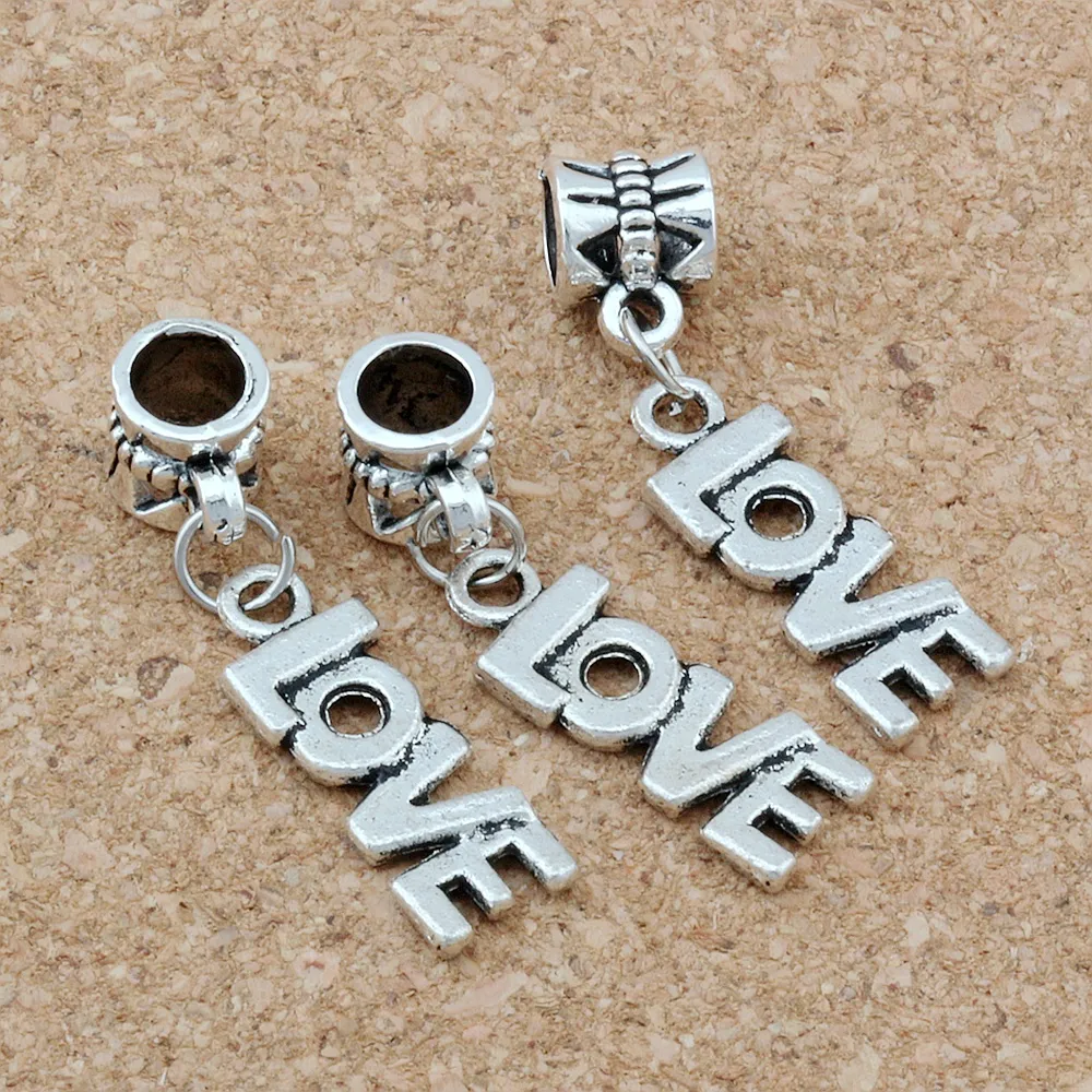 100Pcs Antique Silver Single Side LOVE Alloy Dangle Charms Beads For Jewelry Making Bracelet Necklace Findings 8x33mm