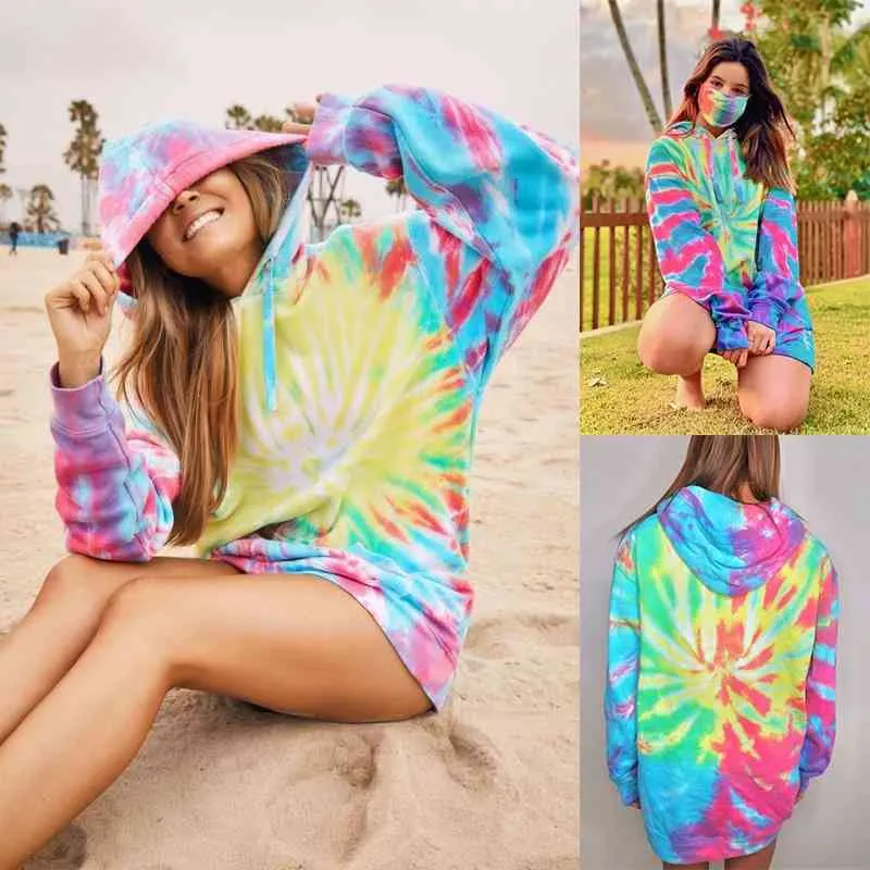 Tintura colorida tintura impressa mulheres hoodies outono enorme gradiente de manga comprida com capuz tops coreano solto moletom moletom 210507