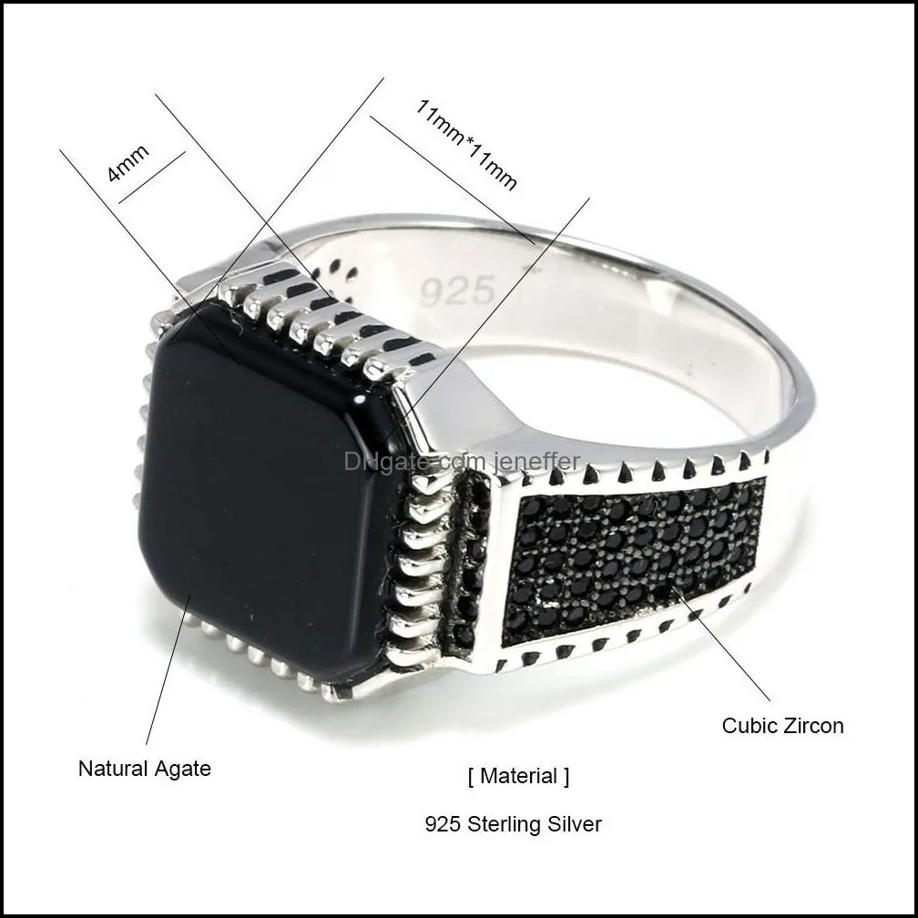 Genuine Solid 925 Sterling Silver Turkish Rings For Men Black Rings With Stone Square Natural Onyx Vintage Male Jewelry Anelli Y1119