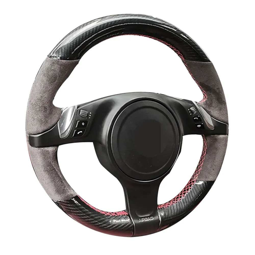 Housse de volant de voiture souple, cousue à la main, antidérapante, en Fiber de carbone noire, en daim, pour Porsche Cayenne Panamera 2010 – 2011