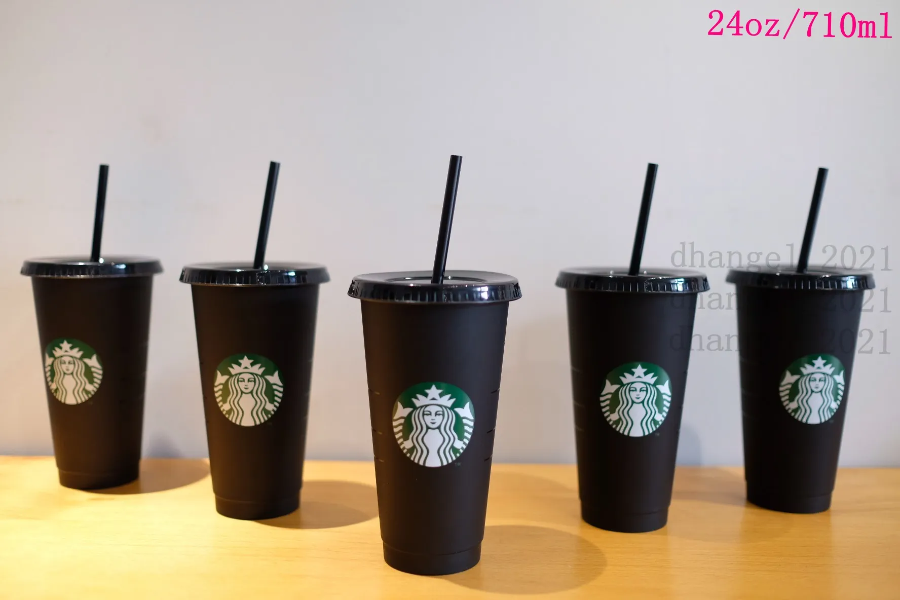 Starbucks Mermaid Goddess 24oz/710ml Plastikbecher, wiederverwendbar, schwarz, Trinkbecher mit flachem Boden, säulenförmiger Deckel, Strohbecher, kostenloser DHL