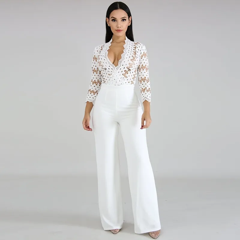 Tuta da donna sexy a maniche lunghe culotte tuta da un pezzo elegante da sera per cocktail matrimonio gamba larga pagliaccetto in pizzo scava fuori bianco 210326