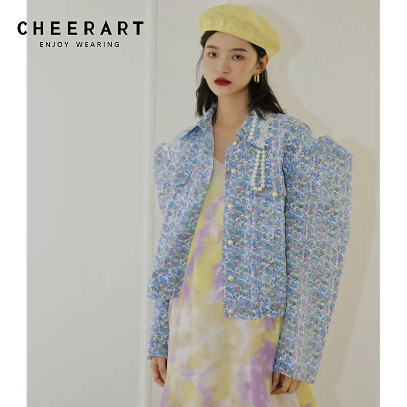 Floral Puff Sleeve Kvinnor Jackor Vår Höstdesigner Coat Pearl Button Lace Cover Cropped Jacket Fall Fashion 210427