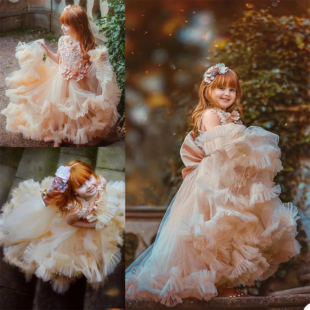 Una línea de vestidos de niña de flores para vestidos de fiesta de boda hasta el suelo sin mangas apliques florales 3D vestido de primera comunión