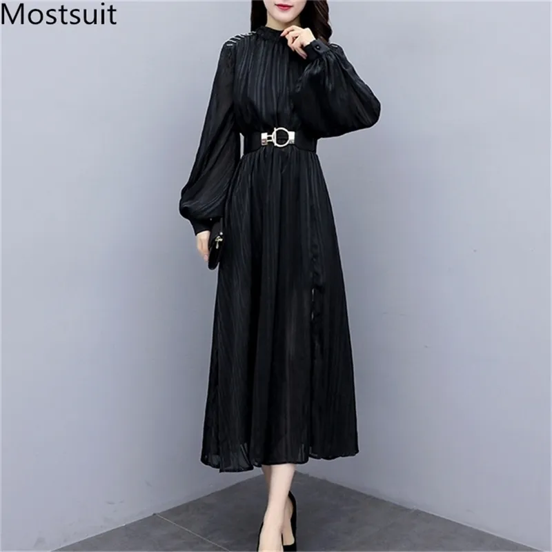 Spring Black Vintage Mode Dames Lange Jurken Lantaarn Mouw Stand Kraag Belted Splakken Jurk Koreaans Elegant Vestidos 210513