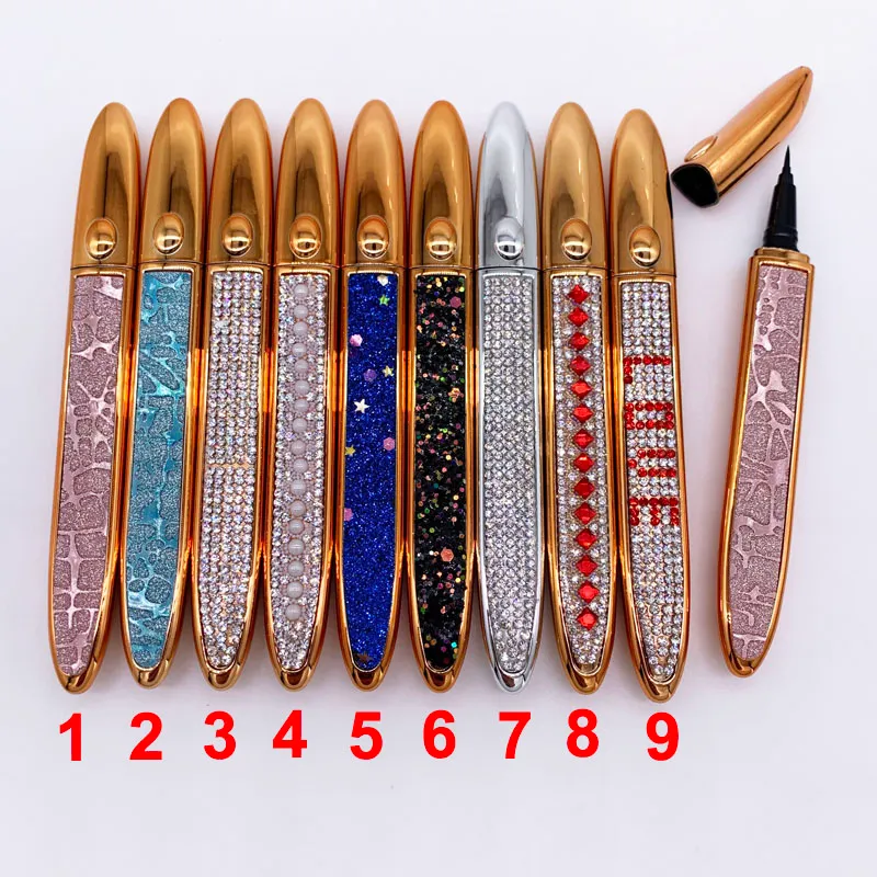 Zelfklevende eyeliner 2 in 1 vloeibare eyeliners pen 9 stijlen diamant bling eye voering geen lijm niet magnetisch voor make -up valse wimpers 3 kleuren