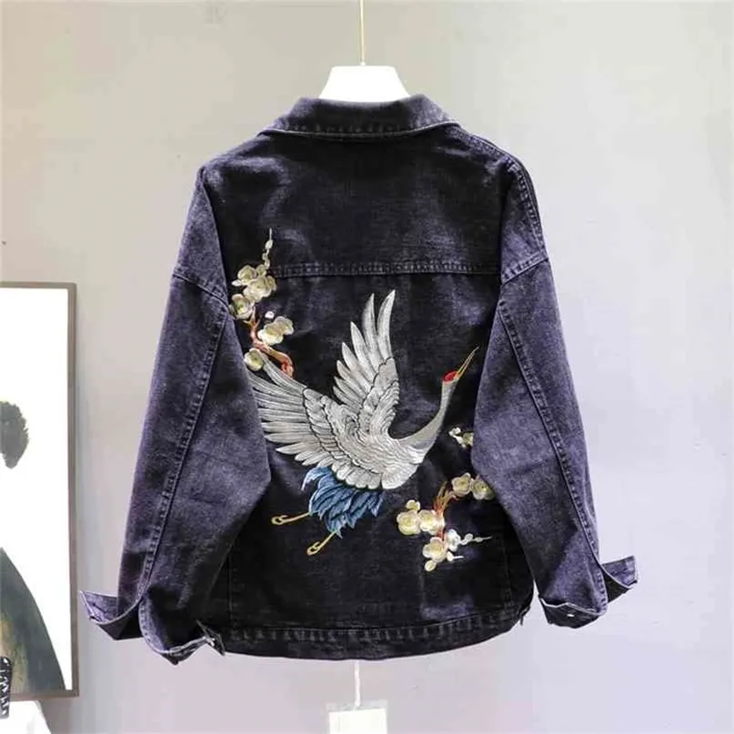 Autumn Loose-Fit Denim Jacket Handsome Boyfriend Wind Heavy Embroidery Small Crane Fashionable Black Womenes 210922