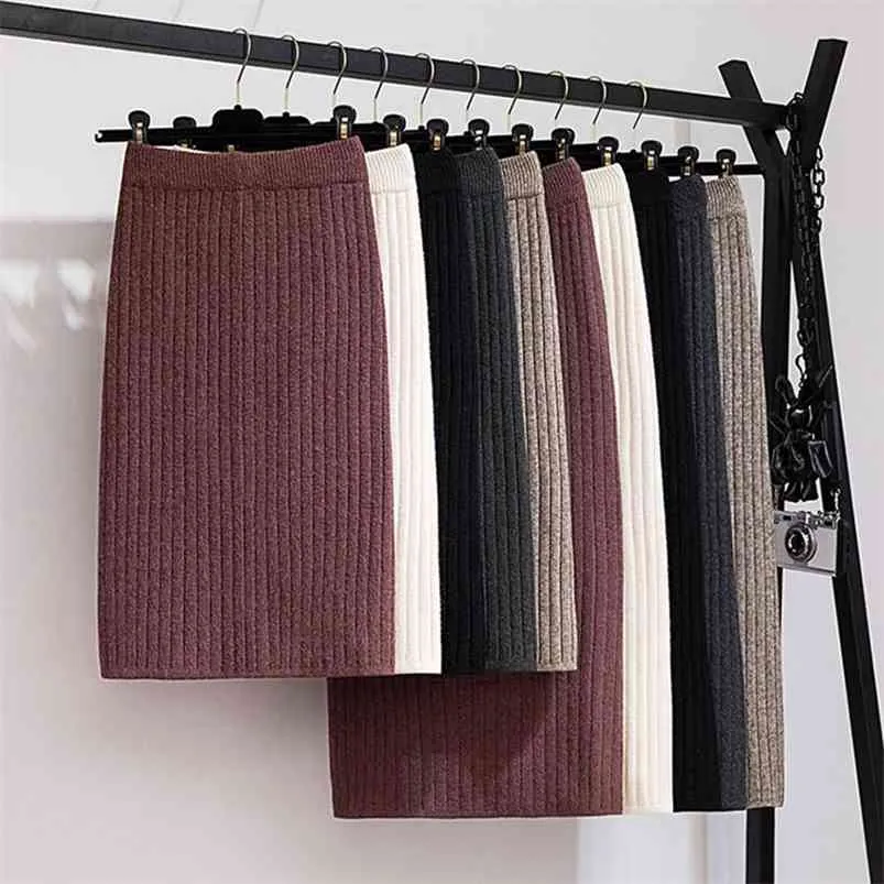 GIGOGOU 60-80CM Elastic Band Women Skirts Autumn Winter Warm Knitted Straight Skirt Ribbed Mid-Long Skirt Black 210721