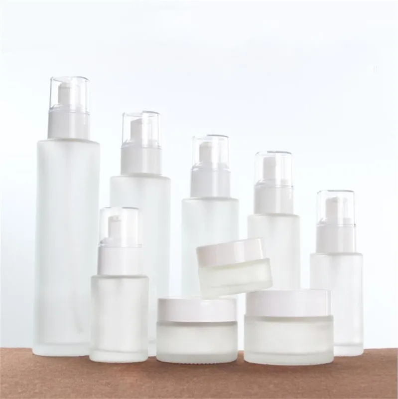 Frosted Glass Cosmetische Fles Cream Jar Lege Hervulbare Lotion Spray Pump Flessen Cosmetica Sample Opslag Containers Jars 20ml 30ml 40ml 60ml 80ml 100ml 120ml