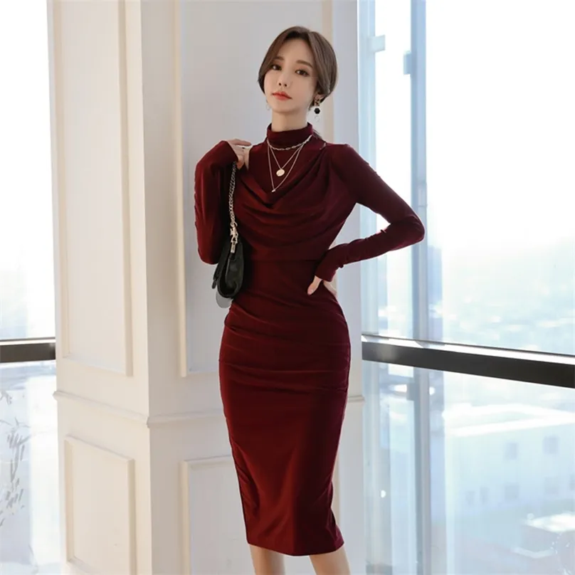 Офисные оболочки платья корейские дамы сексуальные с длинным рукавом стойки BodyCon формальные платья для женщин 210602