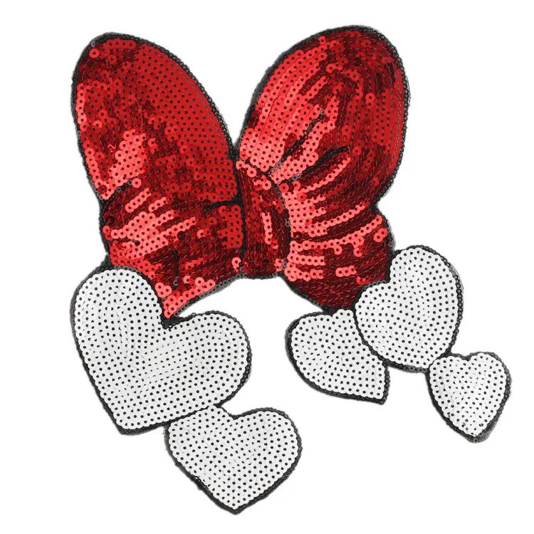 Sequined Embroidery Cartoon Red Bow Bead Patches Fabric Custom Sew on Sexy Rosette Sticker Big Size Patchwork Appliques for Clothing Bag Backpack