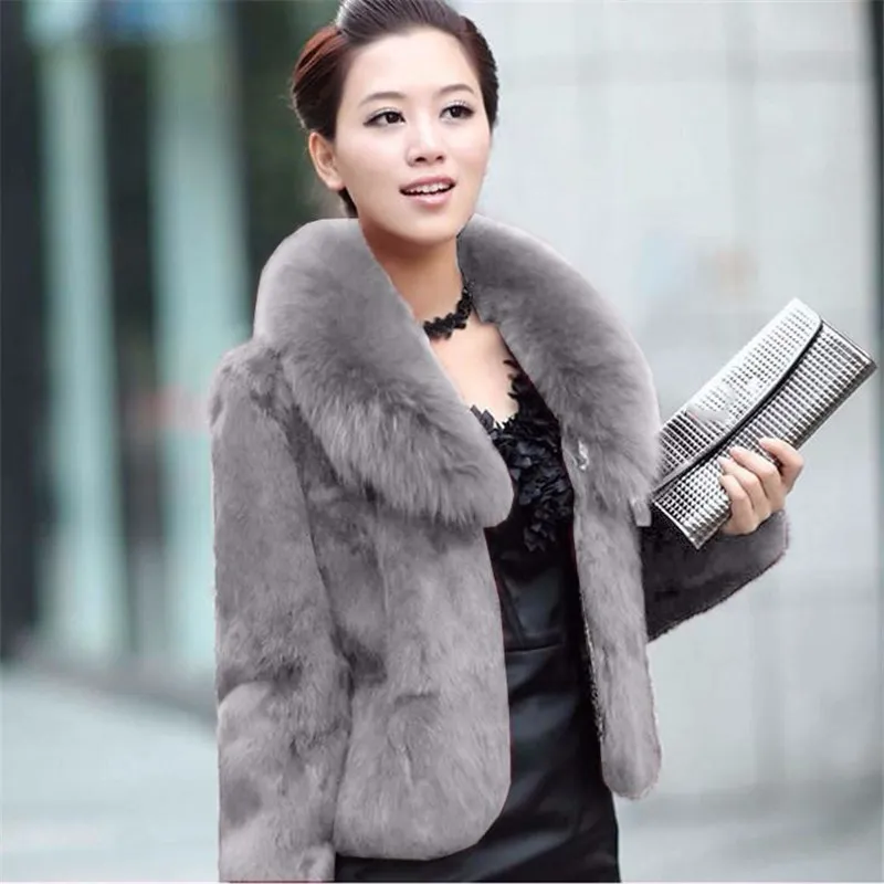 Faux Fur Coat Women Black Plus Size 5xl Short Jacket Winter Fashion Rabbit Fur Slim Green Fox Fur Collar Coats 4xl