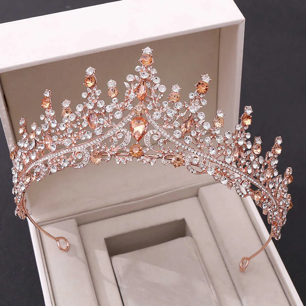 Barokowa Retro Róża Złota Peach Kryształ Bridal Tiaras Korona Korowód Prom Diadem Bride Headband Wedding Włosy Akcesoria 210616