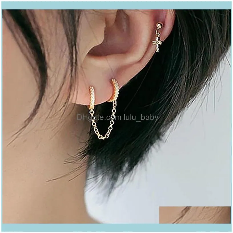 Two Hole Piercing Earrings For Women Brilliant Crystal Zircon 2 Metal Color Chain Earring Party Jewelry Hoop & Huggie