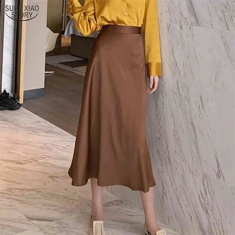 High Waist Zipper Female A-line Skirt Korean Soft Satin Women Office Ladies Mid-length Spring Falda Mujer 9940 210506