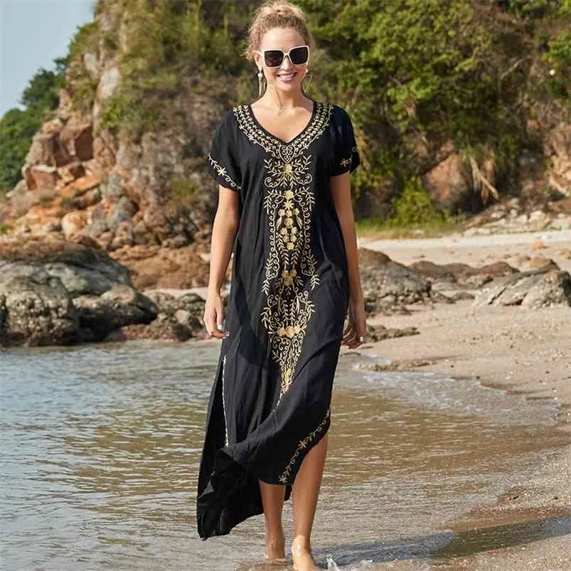 Oversize black Embroidery V-neck Short Sleeve Summer Beach Dress Plus Size Tunic Women Beachwear Batwing Sleeve Long Dress N790 210730