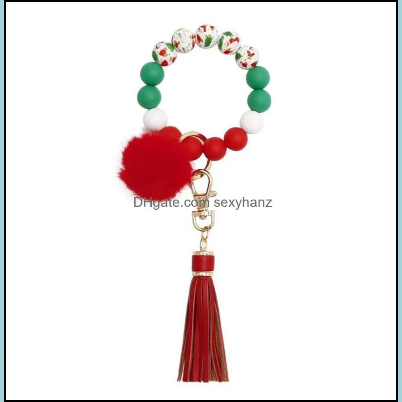 Christmas Halloween Bracelet keychains With Tassel and Pomom Silicone Rubber Saint Bracelets Car Keychain Holder Women Wristlet