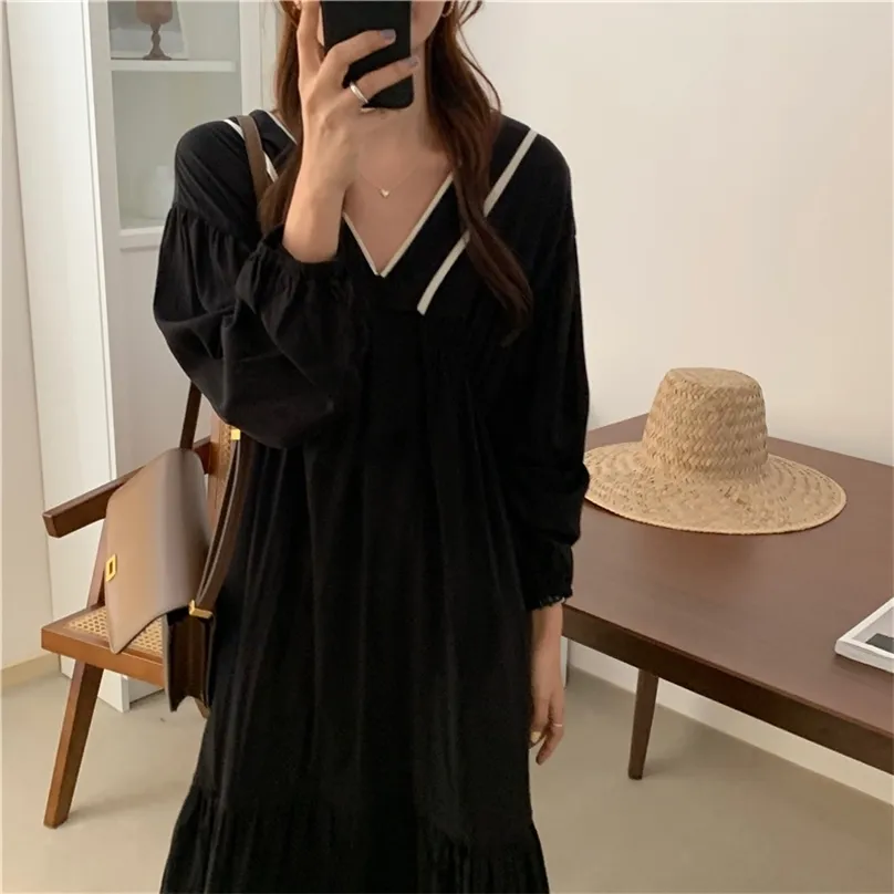 Korean Chic V Neck Full Sleeve Black Maternity Dress For Women Elegant ...