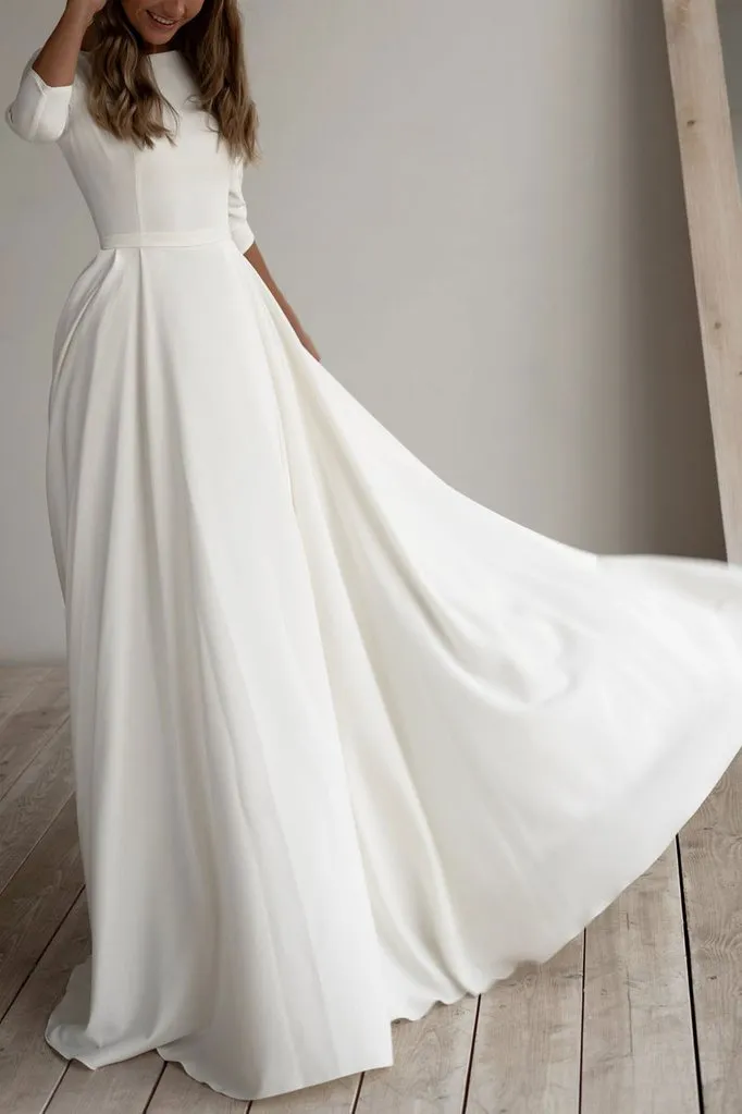 Custom Made 2021 A Line Crepe Chiffon Simple Satin Wedding Dress