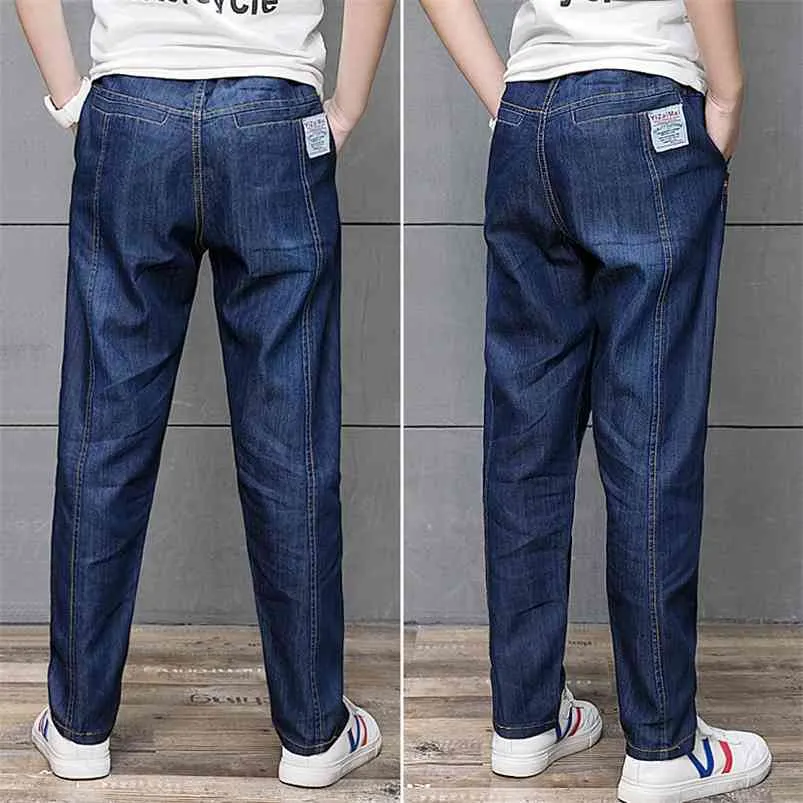 Мода подросток мальчиков брюки чистые цвет джинсы синие брюки для детей эластичная талия стрейч джинсовая одежда от 8 до 16 лет мальчик одежда 210622