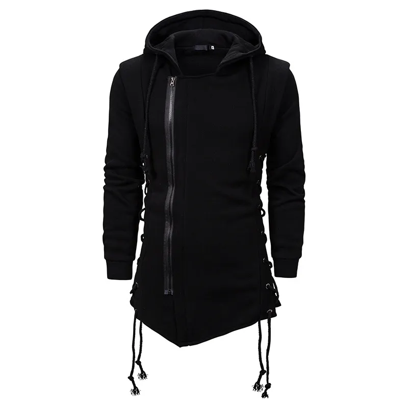 Hommes Casual Noir Hoodies Mode Côté Lacets Polaire Gothique Pull Hip Hop Longue Fermeture Éclair Poncho Cape Cape Irrégulier Ourlet À Capuche Hommes Chaud Sweat Manteau