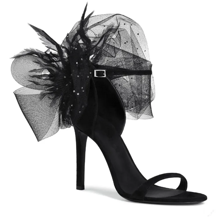 Сексуальные черные цветы перья свадебные туфли для леди невеста открытые ножки сандалии женщин женские шпильки драгоценные камни высокие каблуки выпускные вечера насосы из овчины коктейль на высоком каблуке
