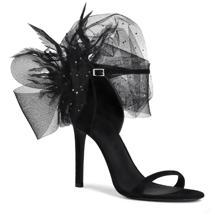 Sexy Black Flowers Feather Sapatos De Casamento Para Lady Noiva Open Toe Sandálias Mulheres Stiletto Jeweled High Heaver Saltos Noite Bombas de Ovelha Cocktail Cocktail Salto alto