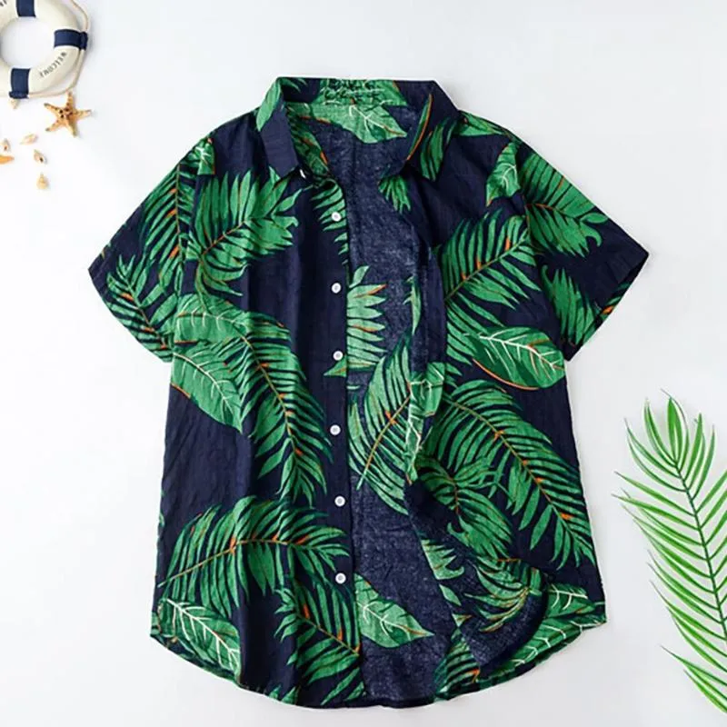 Гавайская рубашка с короткими рукавами, мужская осенняя свободная литературная повседневная мужская рубашка для пляжного отдыха с принтом листьев деревьев, рубашки216b