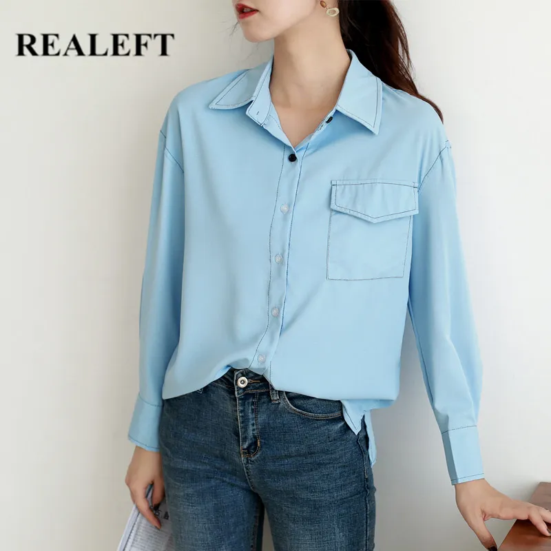 Summer One Pocket Blue Korean Style Blouse Shirts Chic Single Breasted Female Work Wear Blouses Office Lady 210428