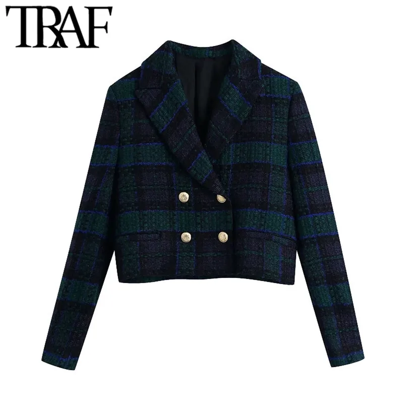 Women Fashion Double Breasted Tweed Cropped Blazer Coat Vintage Long Sleeve Female Outerwear Chic Vest Femme 210507