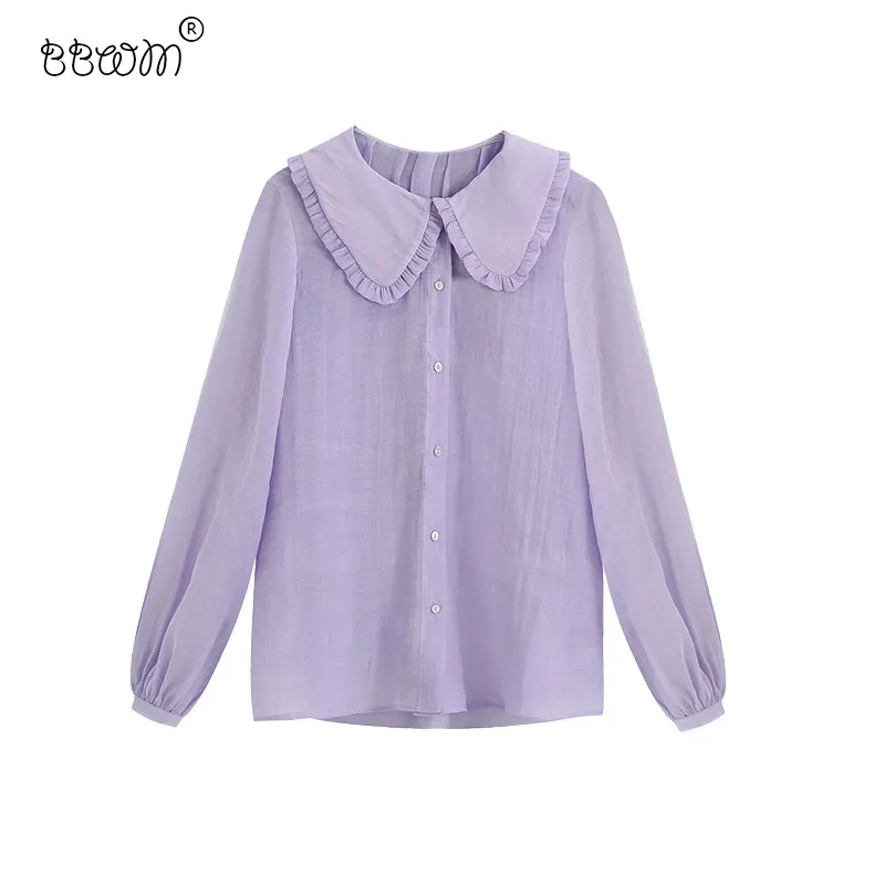 Kvinnor Mode Back Ruched Loose Blouses Sweet Peter Pan Collar Långärmad T-shirts T-shirts Tjejer Chic Toppar 210520