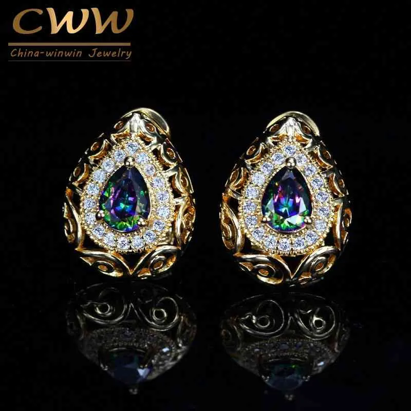Mystical Fire Crystal Jewelry Hollow Out Yellow Gold Color Oval Cubic Zirconia Earrings For Women CZ358 210714