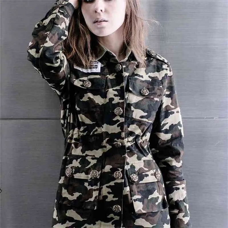 Camo Jacket Women Spring Autumn Military Epaulet Apliques Adjustable Waist With Sashes Cardigan Coat chaqueta mujer C5302 210421