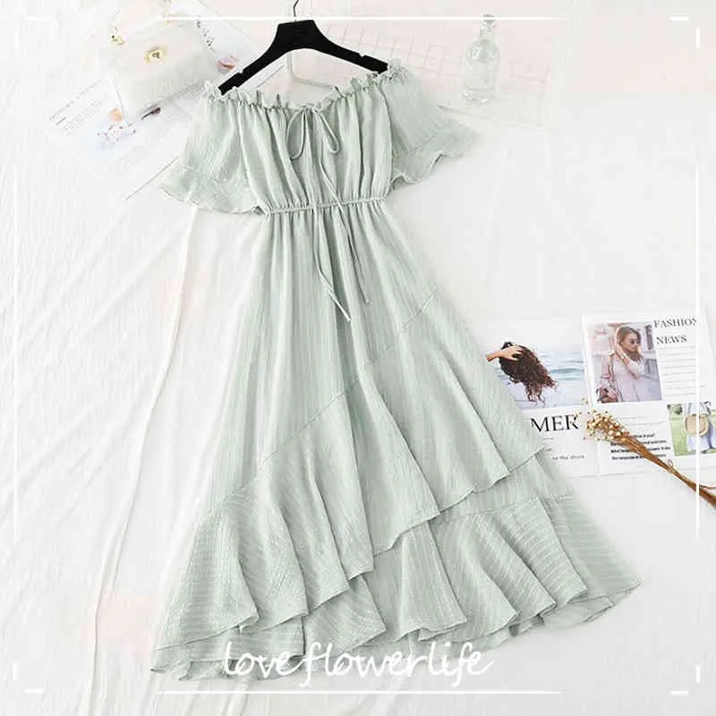 Kobiety Summer Sukienka Slash Neck off Shouder Solidna Bawełniana Pościel Suknie Wysoka Talia A-Line Ruffles Midi Dress Robe Femme 210521