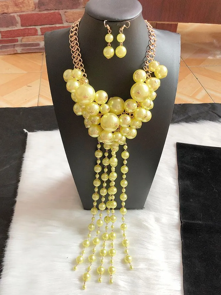 Chains Greek Sorority Fashion Multichamber Pink Green Pearl Necklace &Earring Charm Women Jewelry