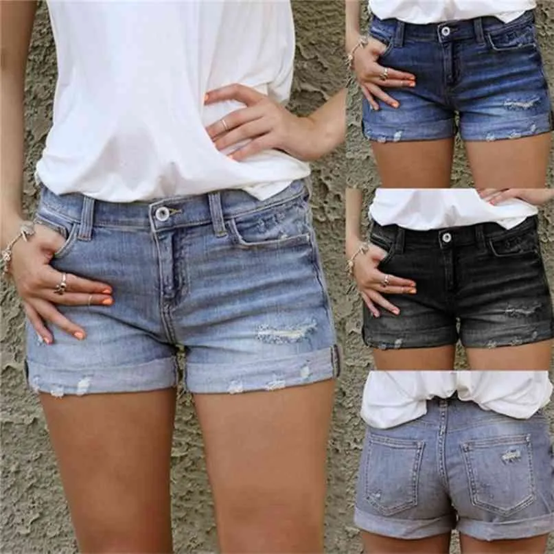 Vintage Ripped Hole Fringe Blå Denim Shorts Kvinnor Casual Button Pocket Jeans Style 210621