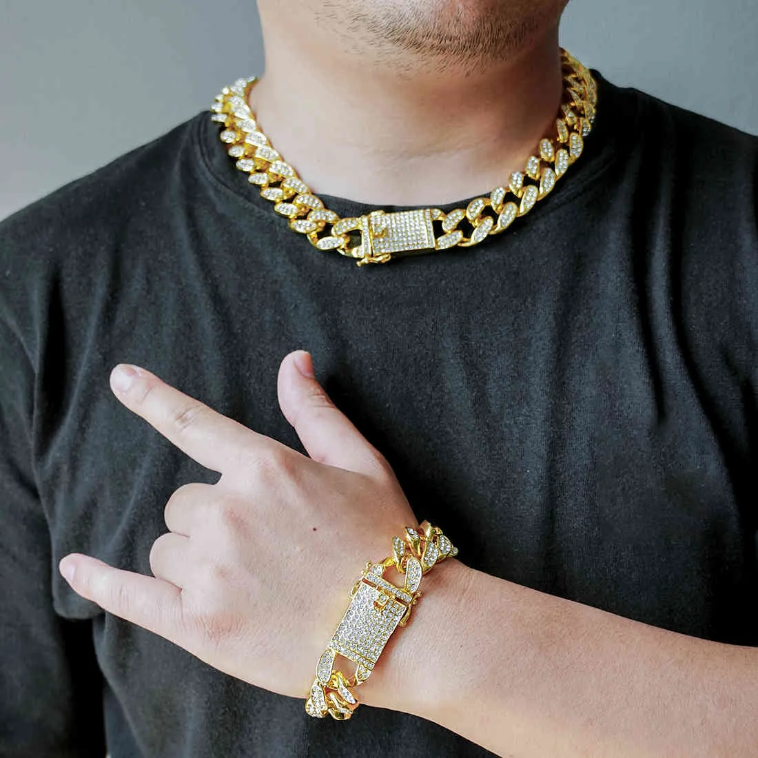 20mm Full Iced Out Heavy Cuban Chains Prong Collares Mens Gold Silver Color Hip Hop Bling CZ Rapper Collar Joyería Pulsera X0509