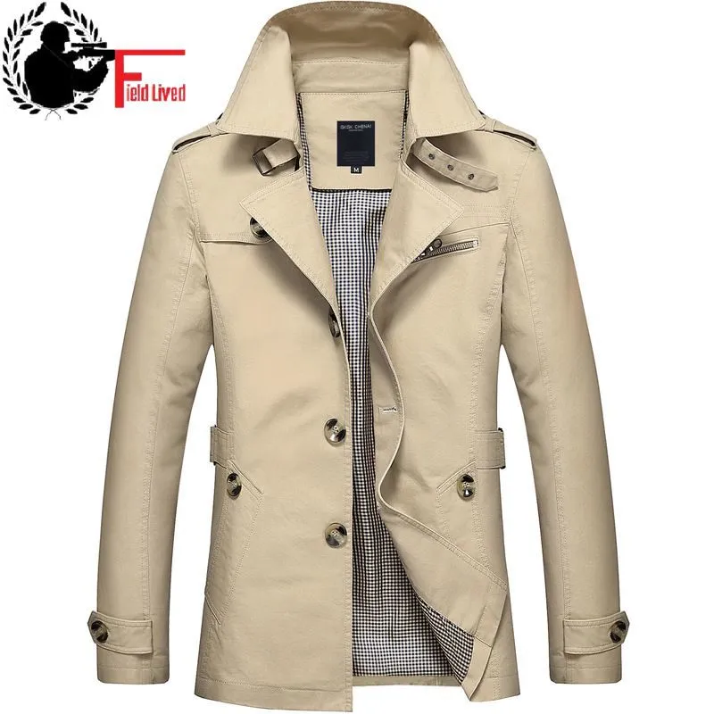 Trench Coteau Business Coton Business Européenne Robe de style britannique Slim Fit Fit Mid Long Verre Verceau Automne Men Windbreaker Veste 210518