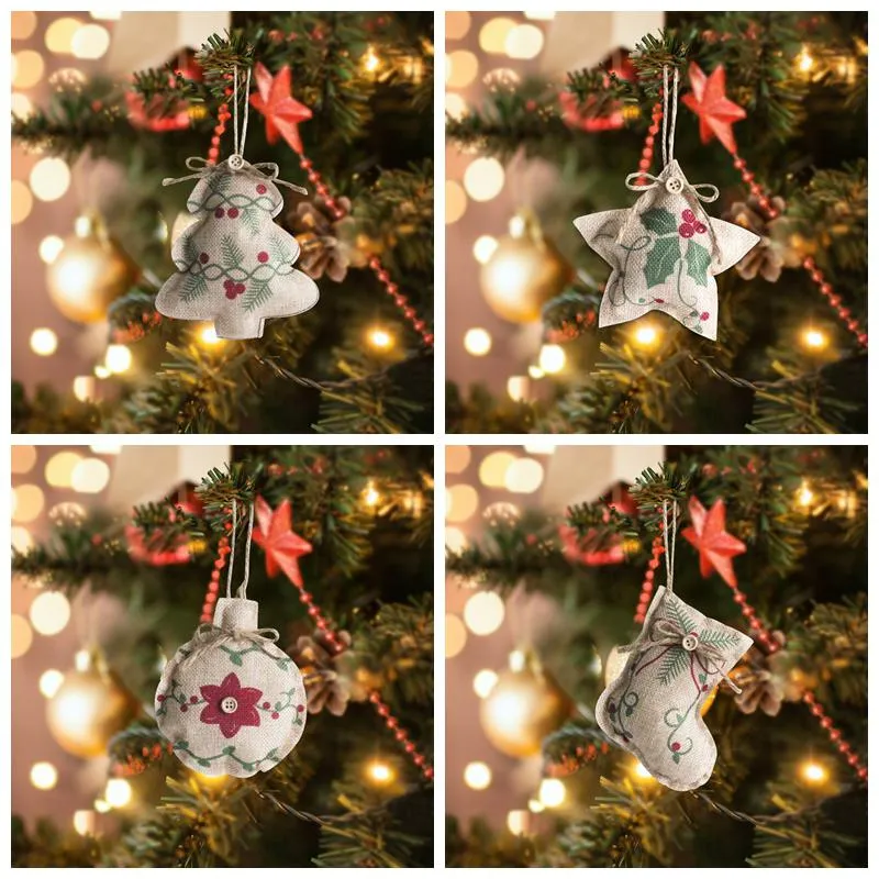 Christmas Linen Pendant Tree Printed Small Strap Ornament-Five-pointed Star Socks Ball Mall Decoration Cloth Embellishment Exquisite ZJTL0167