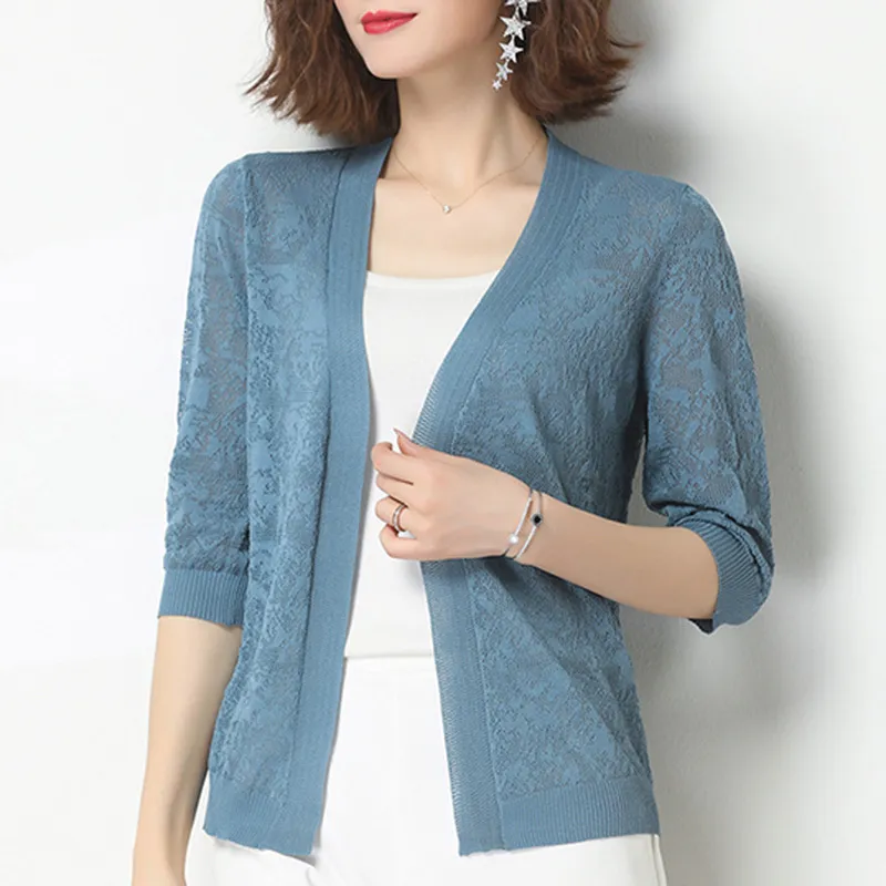 Summer Blue Cardigan Woman Jacket Jackets For Women Half Sleeve Knitted Jacket Women V-Neck Jacket Coat Women Clothes D699 210426