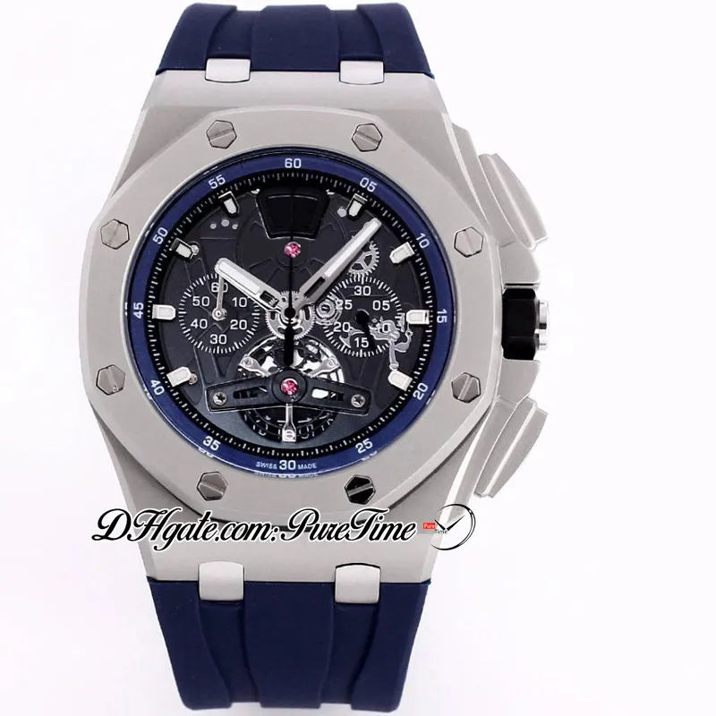 43 mm 26407 Miyota Quarz-Chronograph Herrenuhr Titanstahl Blaues inneres schwarzes Zifferblatt Herrenuhr Stick Markers Kautschukarmband Stoppuhr Uhren Puretime A05d4