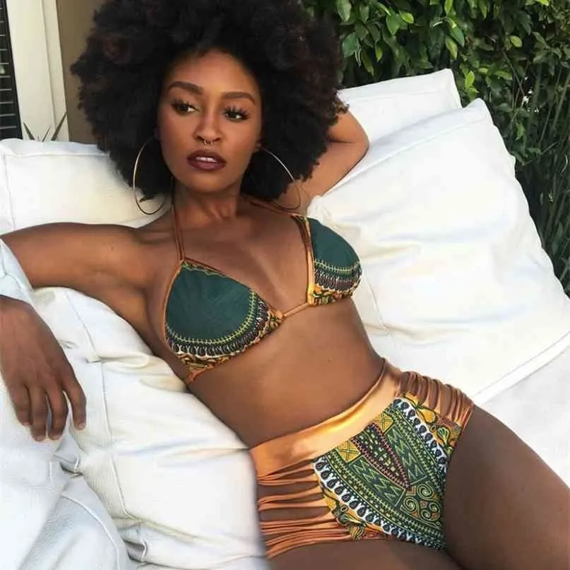 African Print Two-Pieces Bath Suits Bikini Set Sexy Geometric Swimwear Swimsuit Gold High Waist Swimming Suit 210625