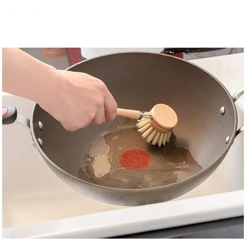 Natural Wooden Long Handle Pan Pot Brush Dish Bowl Washing Cleaning Brush Heads Household Kitchen Cleaning Tools DH9586