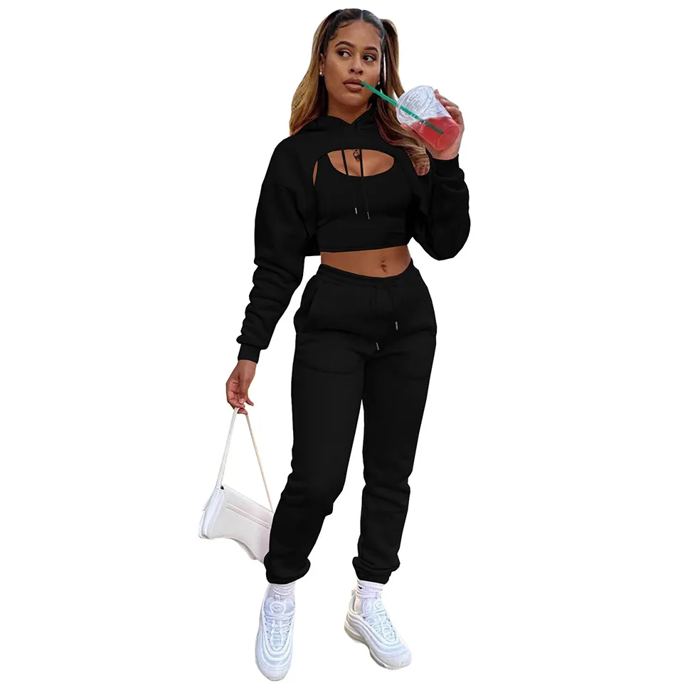 Kvinnor Sexiga Två Pieces Byxor Outfits Långärmad Hooded Crop Top Ärmlös Tank Sport 2 Piece Sets